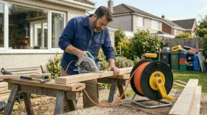 A contractor using a weatherproof extension cord storage reel at an outdoor DIY construction site.