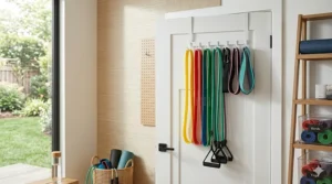 Space-saving over-the-door storage hooks used to hang fabric resistance bands and handles in a small room.