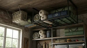 Illustration of a garage ceiling rack showing overhead camping gear storage ideas for bulky items like tents and sleeping pads.