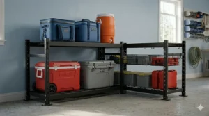 Overhead ceiling mounted cooler storage rack for garage utilizing vertical space to store seasonal camping gear.