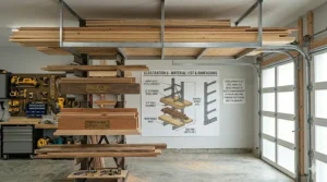 Illustration of an overhead lumber storage rack utilizing unused garage ceiling space.