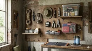A modular pegboard wall displaying camping gear storage ideas with hooks holding lanterns, ropes, and small outdoor accessories.