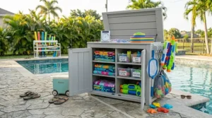 Open-weave plastic basket with handles used for quick-draining beach and pool toy storage by a backyard pool deck.
