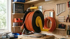 A portable hand-crank extension cord storage reel with a sturdy metal handle sitting on a driveway.