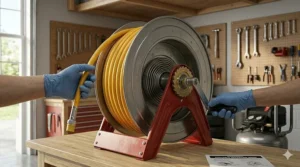 A portable manual hand-crank air hose reel sitting on a garage workbench.
