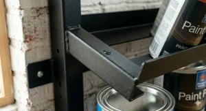 Detail shot of the powder-coated finish on a durable metal paint can storage rack to prevent rust.