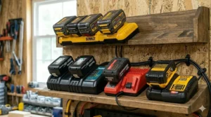 Top shelf of a workshop organizer dedicated to multi-port battery chargers and spare battery packs.