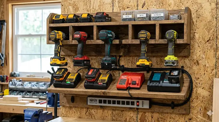 A wall-mounted wooden power tool charging station holding cordless drills, impact drivers, and battery chargers in a tidy workshop.