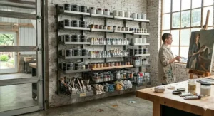 A professional artist's studio featuring a large-scale paint can storage rack system for color organization.
