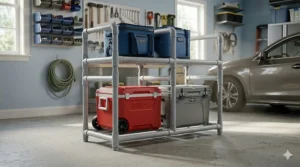 Budget friendly PVC pipe cooler storage rack for garage custom built to hold lightweight plastic coolers.