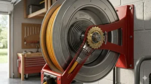 Close-up diagram of an automatic retractable air hose reel mechanism for a home garage.