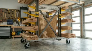 Design for a mobile lumber storage rack on casters for flexible garage organization.
