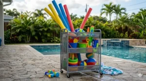 A mobile mesh rolling cart used for poolside beach and pool toy storage, holding pool noodles and water blasters.