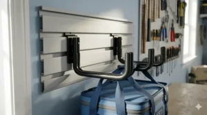 Garage slatwall panel system with heavy duty hooks acting as a modular cooler storage rack for garage walls.