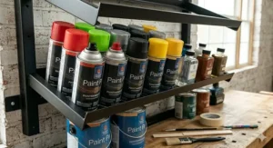 A specialized storage rack designed to hold both standard paint buckets and aerosol spray paint cans.