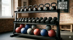 A versatile 3-tier kettlebell storage rack also holding dumbbells and medicine balls.
