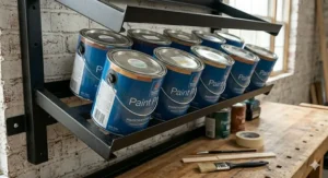 Side view of a paint can storage rack with angled shelves for easy label visibility and access.