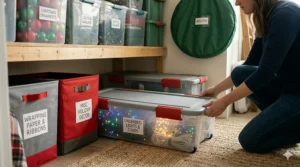 A low-profile plastic Christmas decoration storage bin with wheels being rolled under a bed frame.