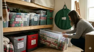 A photorealistic 4K image showing a person crouched down in a neatly organized closet, carefully sliding a clear, specialized upright Christmas decoration storage bin filled with rolls of festive wrapping paper and ribbons.