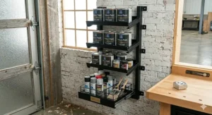 A slim vertical paint can storage rack positioned between a workbench and a garage door to save floor space.
