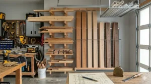 Comparison diagram of vertical and horizontal lumber storage rack options for garage spaces.