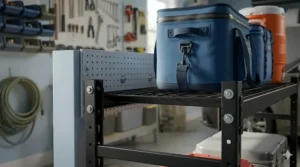 Wall mounted cooler storage rack for garage space saving with a heavy ice chest stored securely on sturdy brackets.