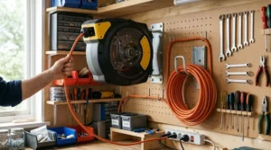 A retractable wall-mounted extension cord storage reel installed next to a workshop bench.