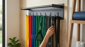 A heavy-duty steel wall-mounted rack holding several looped resistance bands by their tension levels.