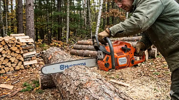 A professional-grade chainsaw for cutting firewood efficiently in a backyard setting.