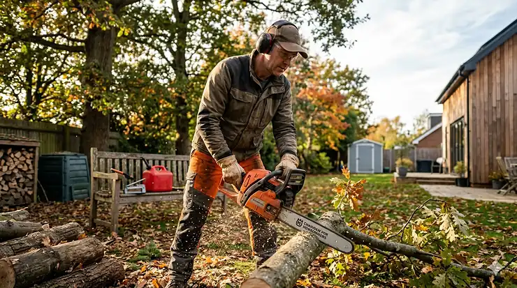 Homeowner using a lightweight chainsaw to trim branches in a backyard. chainsaw for homeowners
