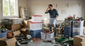 A photorealistic 4K photograph capturing the specific garage organization mistake of buying new storage bins before sorting through the chaotic clutter of tools, boxes, and items.