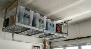 Overhead ceiling storage racks as part of creative small garage organization ideas on a budget.