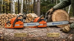 Comparing different chainsaw bar lengths suitable for cutting firewood logs.