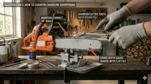 Close-up of a file sharpening individual teeth on a chainsaw chain.