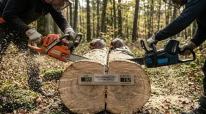 Illustration of a gas chainsaw cutting through a thick log compared to an electric saw in a performance test.