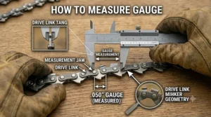Explainer graphic illustrating chainsaw drive link gauge thickness for proper chain fit.