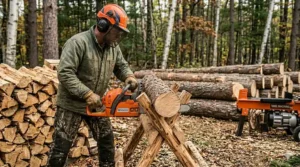 Ergonomic handling techniques for a chainsaw for cutting firewood safely.