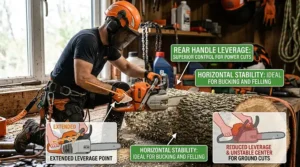 How the rear handle design provides superior leverage and balance for horizontal ground cuts.