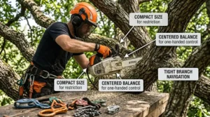Using a lightweight top handle chainsaw for precise pruning in congested tree branches.