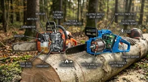 Infographic showing the mechanical engine parts of a gas chainsaw versus the motor of an electric model.