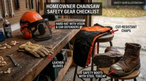 Essential safety gear for chainsaw operation, including helmet, gloves, and chaps.