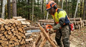 Essential safety gear worn while operating a chainsaw for cutting firewood.