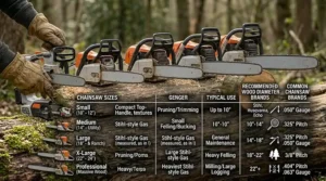 A quick-reference comparison chart for choosing the right chainsaw size by wood diameter.