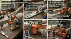 Tips for storing a chainsaw, including draining fuel and cleaning the bar.