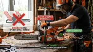 Demonstration of safe two-handed operation using a rear handle chainsaw for maximum control.