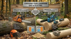 A decision flowchart helping homeowners choose between gas vs electric chainsaws based on yard size.