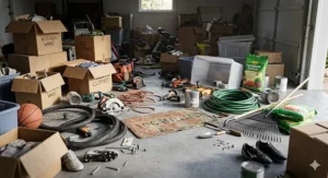 A photorealistic 4K detail photograph capturing a heavily cluttered residential garage floor filled with boxes, tools, and tripping hazards.