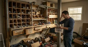 A photorealistic 4K photograph capturing a man bewildered and frustrated while attempting to organize items within a bewilderingly complex and impractical custom shelving system in a cluttered garage.