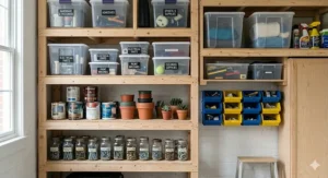 DIY wooden shelving units showcasing smart small garage organization ideas on a budget.