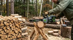 Lightweight battery-operated chainsaw for cutting firewood for home use.